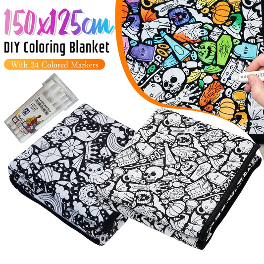 150x125cm DIY Painting Blankets Washable Velvet 24 Coloring Blanket With Markers For Holiday Arts Activities Creative Handcraft